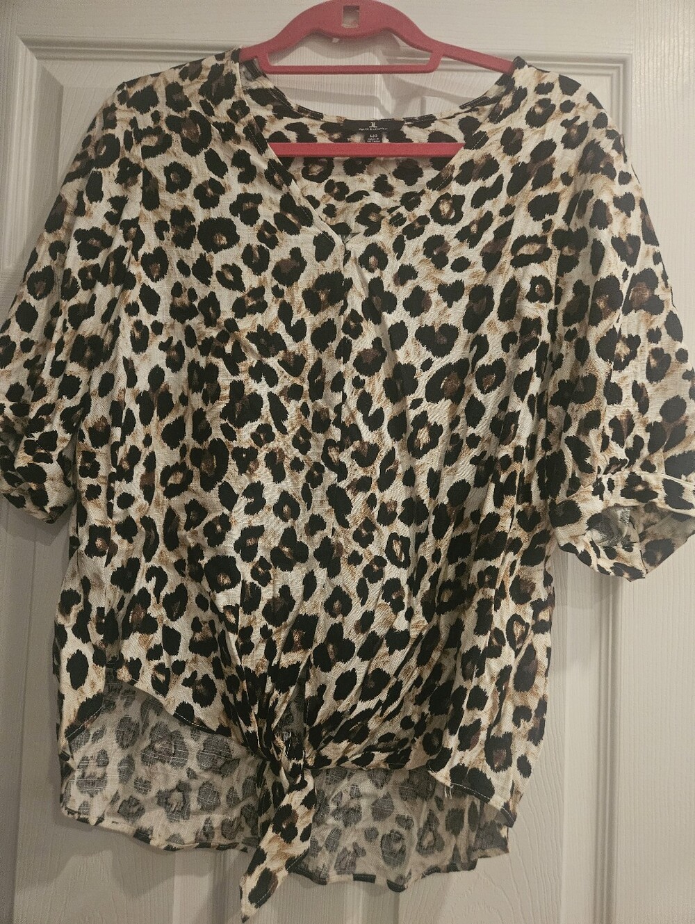 Jules & Leopold Leopard Print Tie-Front Top in Beige Black